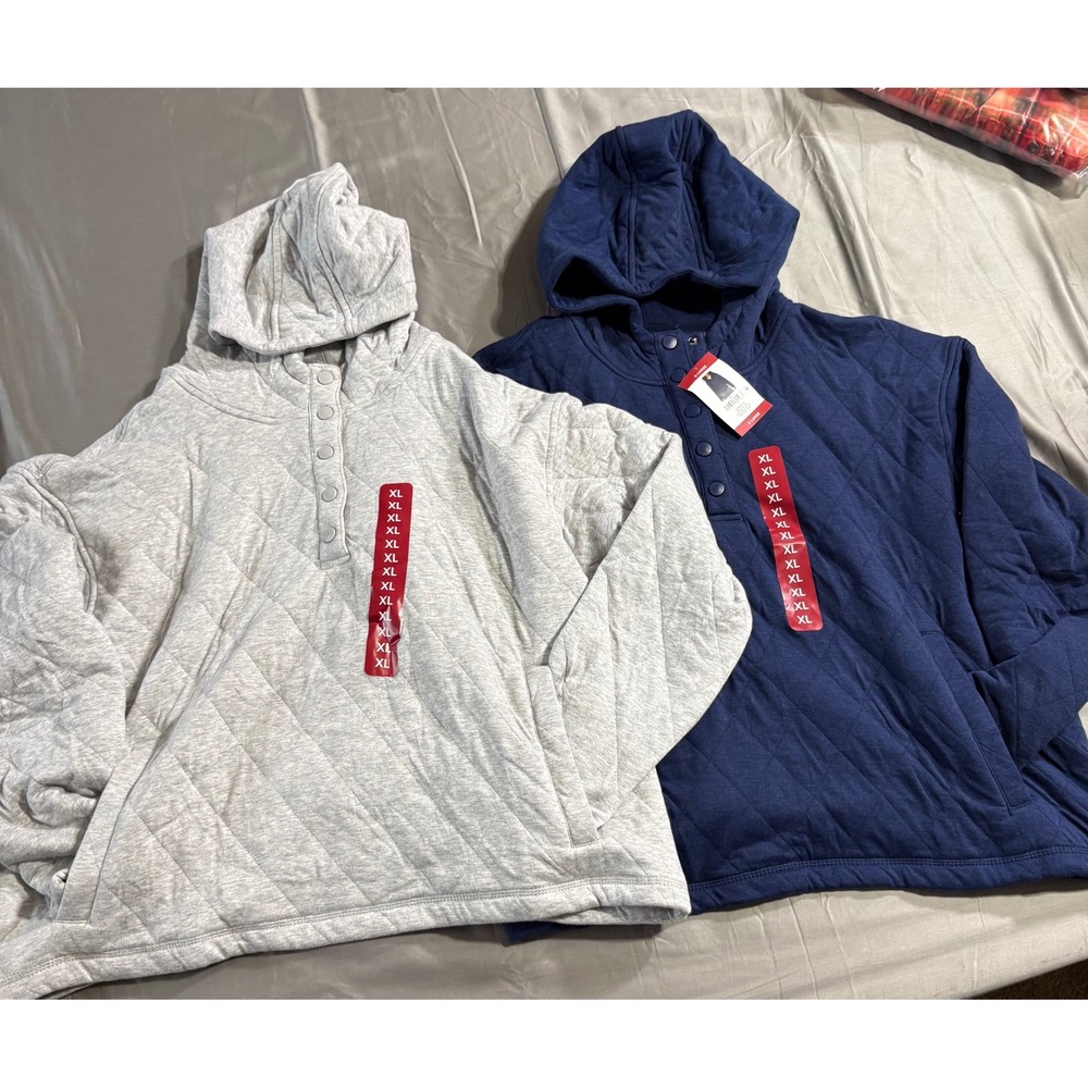 Lands End Womens XL Quilted Hoodie Pullover Set Gray Navy Blue 2 Pack NWT